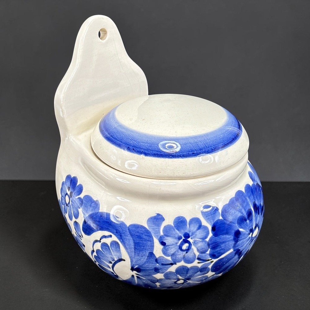 Wloclawek Poland Hand Painted Blue Floral Ceramic Wall Salt Box Jar with Lid